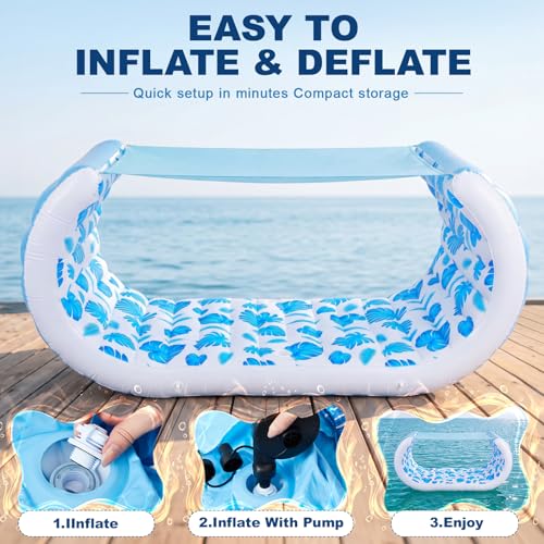 Image of Giant Inflatable Pool Float with Shade, 157 inch x 36 inch Extra Large Floating Couch Island Cabana Luxury Lounger with Canopy, Cup Holders, Backrest, Handle, Electric Air Pump for 2 Adults, Tropical Print