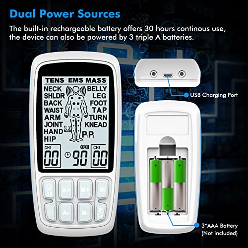 Conree Dual Channel Tens Unit Ems Muscle Stimulator With 24 Programs For Pain Relief Therapy, Rechargeable Pulse Massager Machine With Case And 12 Pads For Back, Shoulder, Waist, Arm, Leg #TOP2