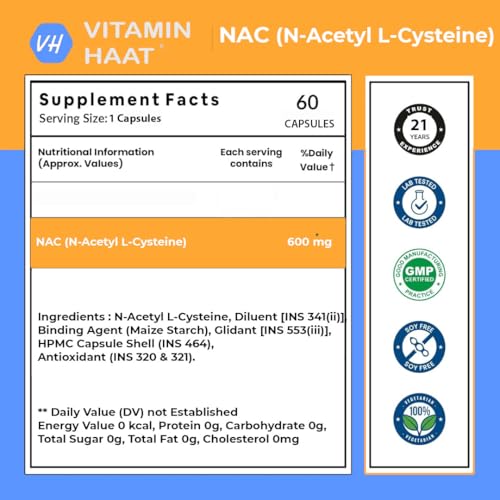 Image of NAC Supplement 600mg | N Acetyl L Cysteine Capsules | Glutathione Precursor | Antioxidant & Respiratory Wellness Support | 60 Capsules by VitaminHaat