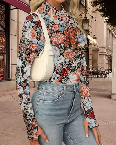 Aoulaydo Long Sleeve Floral Mesh Tops Mockneck Going Out Tops for Women Fashion Spring Outfits 20253