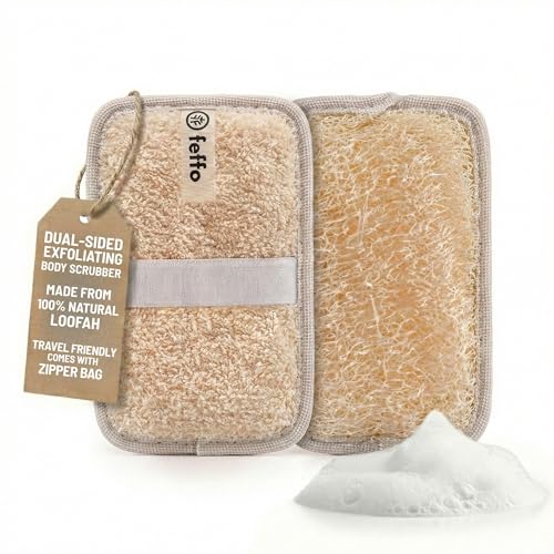 Feffo Natural Loofah Sponge for Body Scrub, Exfoliating Body Scrubber & Loofah with Handle, Exfoliating Pads, Loofah for Women, Men & Kids (2 Count - 1 Pack, Rectangular)
