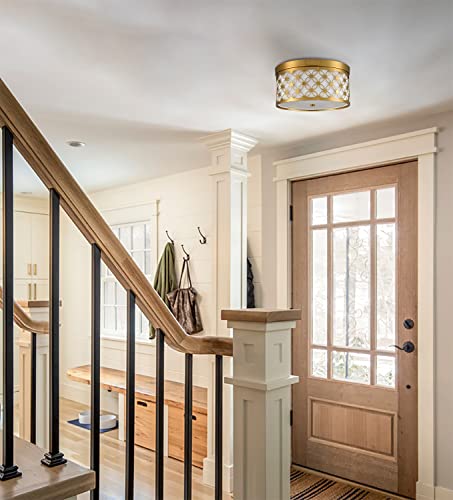 Shawnkey Modern Drum Brushed Gold Ceiling Light Fixtures With White Fabric Shade Led 3000K Dimmable Semi Flush Mount Ceiling Light For Living Room Bedroom Hallway Light Fixture Ceiling Mount #TOP2