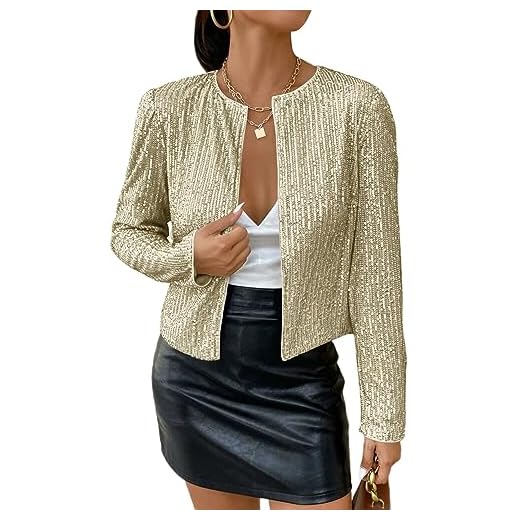 shownicer Blazer à Paillettes Femmes Chic Sequin Veste Casual Elegant Manches Longues Glitter Party Brillant Manteau Rave Blazer Veste De Costume Soirée Cocktail Fête Club A Champagne M