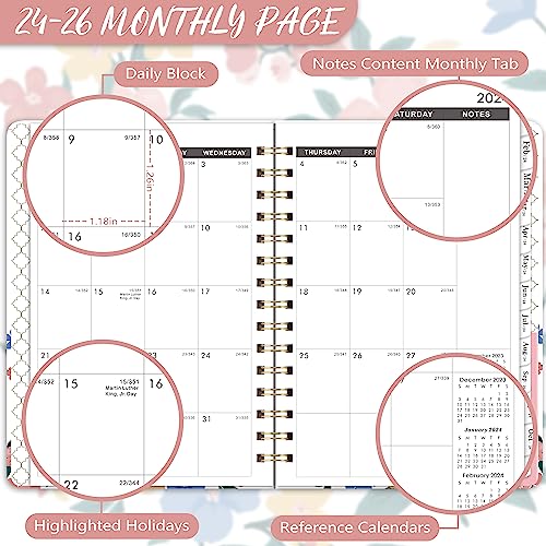 Monthly Planner/Calendar 2024-2026 - 3 Year 2024-2026 Monthly Planner, Jan. 2024 - Dec. 2026, 6.3'' X 8.4'', 2024-2026 Calendar Planner With Monthly Tabs, Back Pocket, 30 Notes Pages - Pink Flowers #TOP3