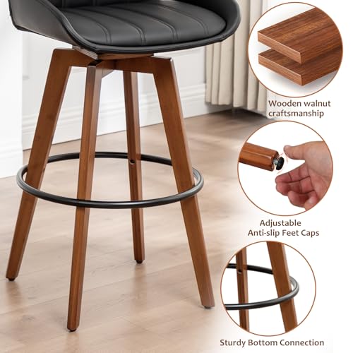 Image of AQG Bar Stools Set of 3, 29.5 Inch Mid Century Modern Bar Height Bar Chairs, Swivel Barstools with Walnut Craft, Faux Leather Upholstered Furniture for Island /Counter (Black, 29.5 inch-3 PCS)