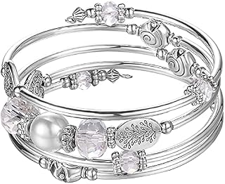 BULINLIN Crystal Beads Layered Bangle Bracelet, Silver Plated Metal Wrap Bracelet with Pearl, Jewellery Gifts for Women Ladies Friends