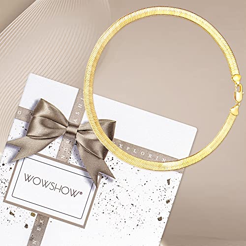 Wowshow Real Gold Plated Italian Snake Chain Necklace Flat Herringbone Choker Dainty Necklace For Women 7Mm 18 Inch #TOP4