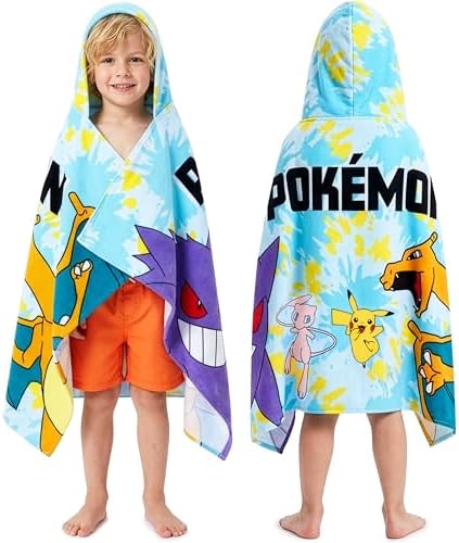 Pokemon Hooded Kids Beach Towel Absorbent Changing Robe Cotton Poncho Bath Towels (Blue, 6-14 Years)