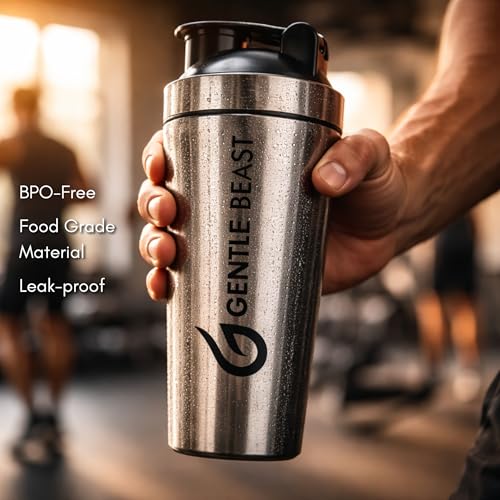 Image of GENTLE BEAST N1 Grade Steel Shaker Bottle with Blender Mixer Ball - Stainless Protein Shaker Bottle Steel for Gym - BPA Free, Food Grade