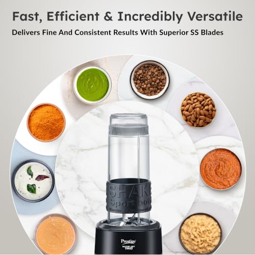 Image of Prestige Nutri-Jet Trio 450 Watt Mixer Grinder with 3 Transparent Jars | Space-Saving Design | Extra Sipper Lid | Stainless Steel Blades | 1Y Warranty | ISI Certified
