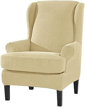 Wingback Chair Cover, 2 Piece Stretch Chair Slipcovers, Stretch Armchair Sofa Covers, Non-Slip Wingback Slipcover with Elastic Bottom, Seat Furniture Protector for Bedroom HotelBeige,Check