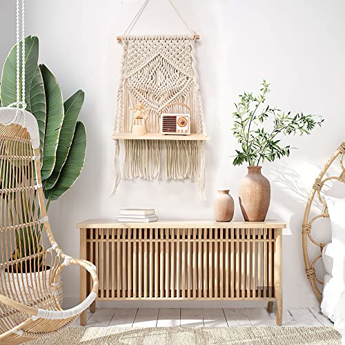Macrame Wall Hanging Shelf - Pine Wood Boho Shelf With Woven Ripe, Boho Indoor Hanging Shelves For Wall Display, Handmade Macrame Boho Organizer Rack, Bohomian Decor For Living Room, Bedroom, Bathroom #TOP3