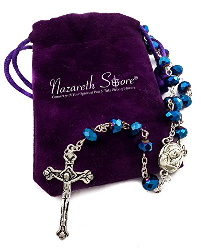Nazareth Store Deep Blue Crystal Beads Rosary Catholic Necklace Holy Soil Medal Cross Crucifix Velvet Bag