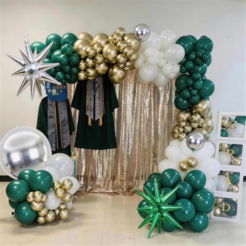 Green White Gold Balloons Arch Garland Birthday Decoration Graduation Party Dark Green Metallic Gold White Latex Balloon with Silver 4D Explosion Star Balloons Helium Anniversary Engagement Christmas by Isndare - Used condition - Image 6