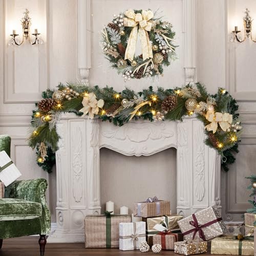 6 Feet Pre-lit Christmas Garland with Lights for Mantle, Lighted Battery Operated Outdoor Xmas Garland with 20 LED Gold Balls Pine Cones Antlers for Fireplace Front Door Stair Railing Decor