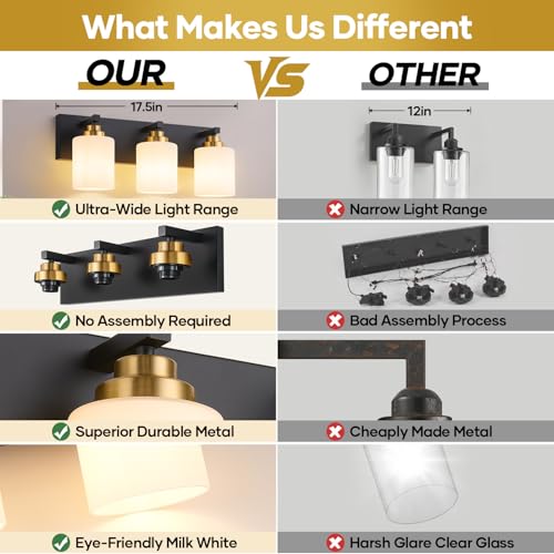 Image of Vanity Lights for Bathroom, 3-Light Black and Gold Bathroom Vanity Light Over Mirror with Milky White Glass Shades, Modern Bathroom Light Fixtures for Living Room Hallway Cabinet (Bulbs Not Included)