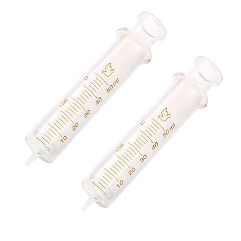 Two 50ml Glass Syringes by Reusable Lab Standard, Clear Scale, Widely Used for Ink, Liquids, Oils, Vinyl Paint, etc.
