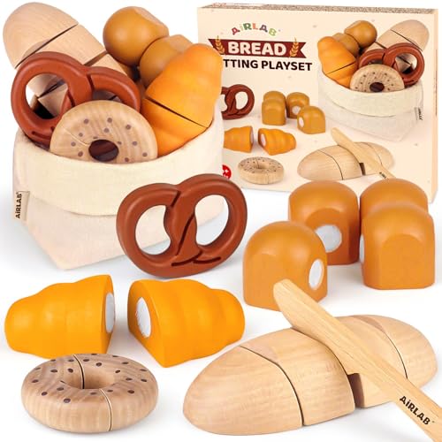 Kinderküche Spielküche Zubehör aus Holz, Küchenspielzeug Schneiden Brot Set