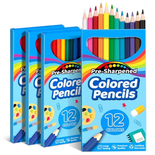 V-Opitos 48 Count Colored Pencils, 4 Packs Pre-sharpened Coloring Pencils for Kids in 12 Colors, Bulk School Supplies for Teachers, Ideal Back to...