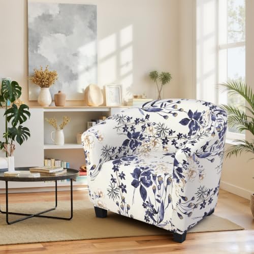 Image of SearchI Club Chair Slipcover Stretch Barrel Chair Covers Printed Tub Chair Slipcovers Soft Spandex Armchair Sofa Cover Removable Couch Furniture Protector for Living Room (Blue Flowers)