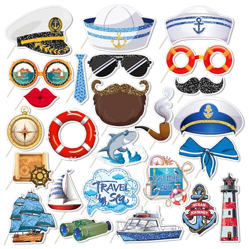 25Pcs Nautical Photo Booth Props with Stick, Ahoy Boy Theme Selfie Props, Sailor Birthday Party Supplies, Cruise Anchor Sailboat Yacht Photography Backdrop Decorations