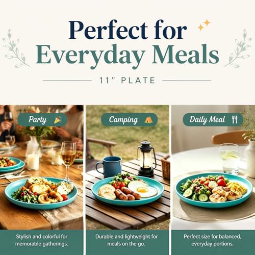 Image of 11In Large Wheat Straw Deep Plates,Unbreakable Dinner Plate, Green | Lightweight Microwave and Dishwasher Safe Plastic Plates for RV, Camping, Party