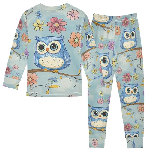 Fustylead Cute Cartoon Blue Owl on Branch with Flowers Pajamas Cotton Sleepover PJ Set Long Sleeve Lounge Wear2