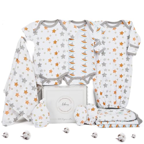 Image of ADORR Baby Layette Gift Set for Baby Boys - 8 Piece New Born Baby Boy Gift Set, Baby Clothes & Newborn Essentials Must Haves - Newborn Baby Boy Clothes 0-3 Months 100% Organic Cotton