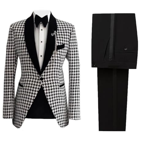 Men's Houndstooth Suit Shawl Lapel One Button Jacket Pants Two Pieces Set for Casual Groom Banquet - Main Image