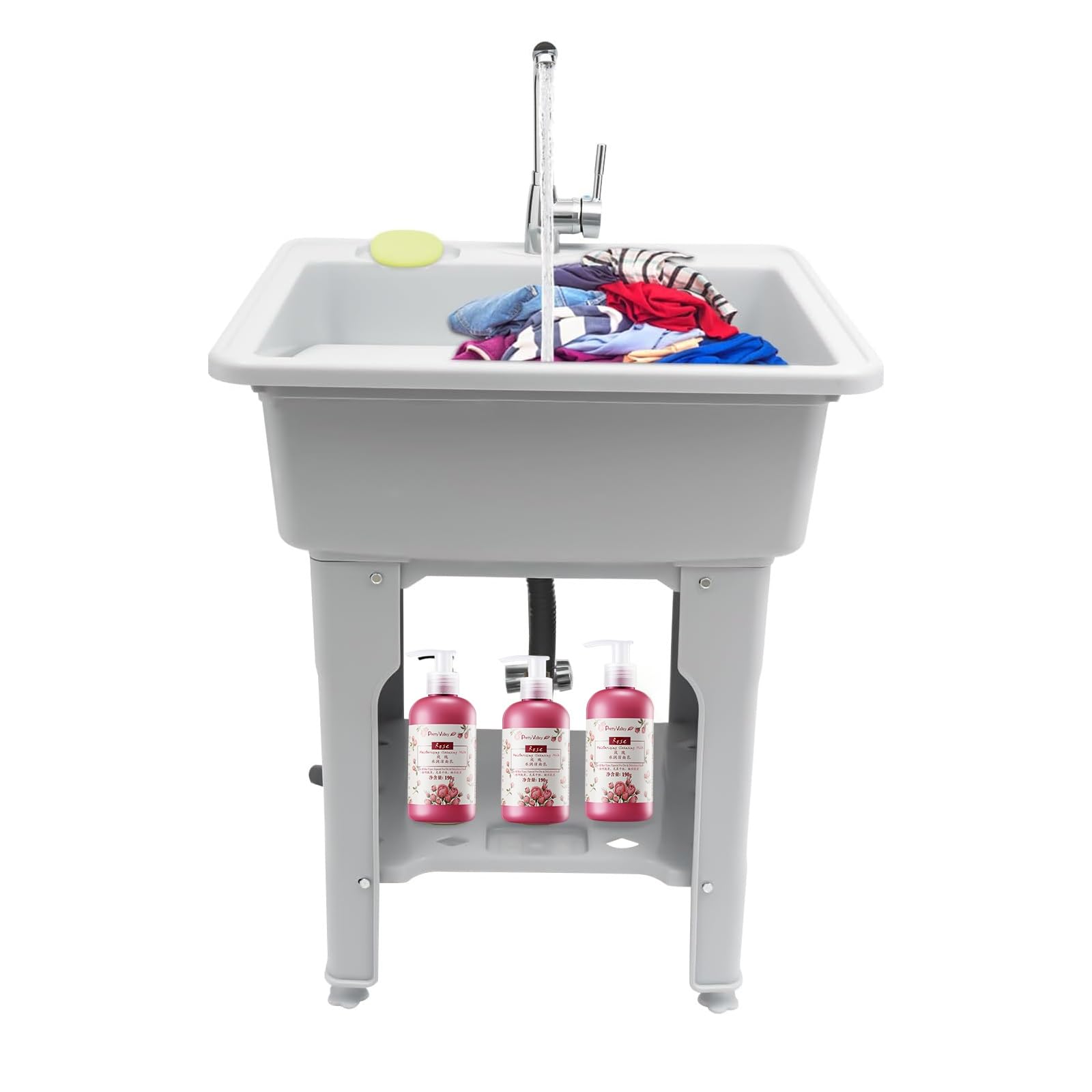 WBJGUOD Utility Sink Laundry Tub with Storage Shelf and Washboard, 360° Rotatable Faucet Freestanding Plastic Room for Washing Basement Garage Garden