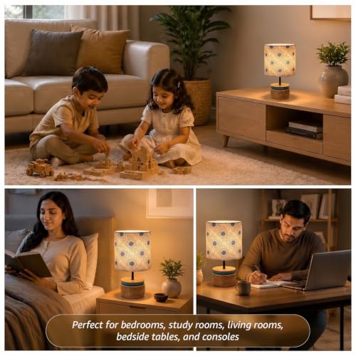 Image of Amazon Basics Kashida Bloom Table Lamp | Hand-Painted Mango Wood Base with Printed Polyester Shade | E14 Holder | Decorative Night Lamp for Bedroom, Living Room & Study Room | Home Decor Gift