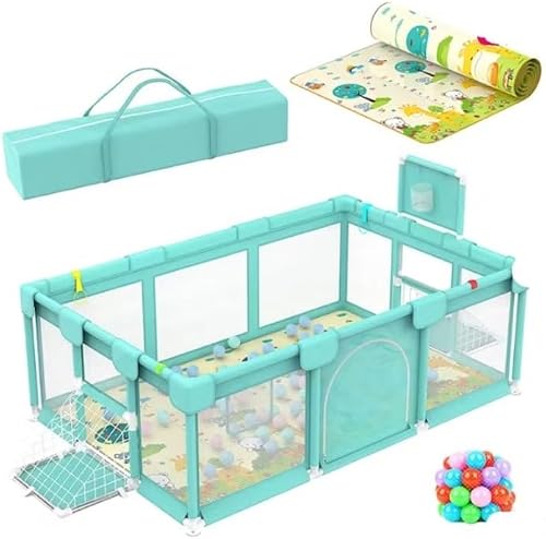 Baby Playpen with Playmat and Ocean Balls, Green, Large Play Yard for Toddlers