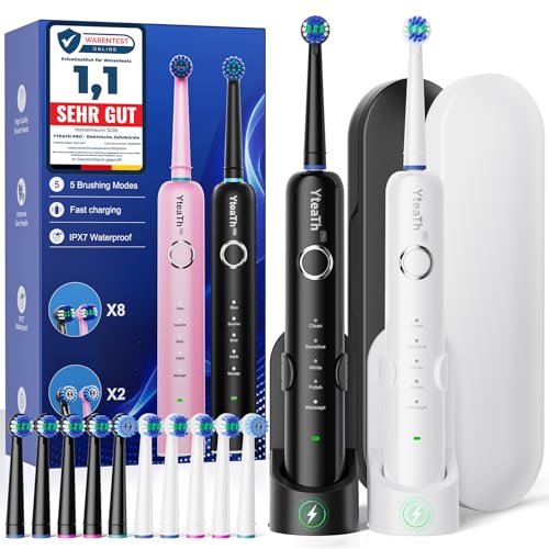 Cepillo de Dientes Eléctrico de Rotación Adultos - Cepillo Electrico Paquete de 2, con 10 Cabezales y Estuche de Viaje, 5 Modos, IPX7 Impermeable, Cepillo Dientes Electrico, Negro y Blanco