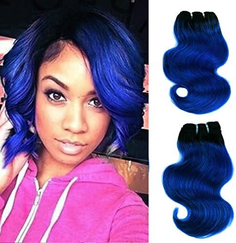 FASHION LINE 8" Human Hair Bundles Ombre Two Tone Brazilian Virgin Hair Extensions Body Wave 50g Bundles (8/8/8/8 Inch, 1b/blue)