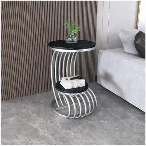 Image of End Table with Decorative Legs, in-Lay Top, Home Decor Accent Furniture -Tier Metal Coffee Table with Open Storage Shelf for Living Room (Silver Black)