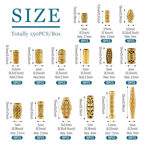 Craftdady 150Pcs Antique Gold Tube Bar Spacer Beads Tibetan Metal Column Barrel Drum Beads for Jewelry Crafts Making Hole:1-3.5mm