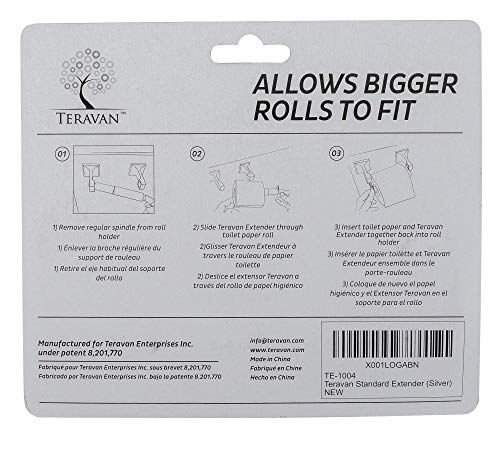 Teravan Standard Extender For Extra Large Toilet Paper, Allows Most Regular Fixtures To Fit Double Rolls And Triple Rolls, Easy To Use, Silver/Chrome #TOP6