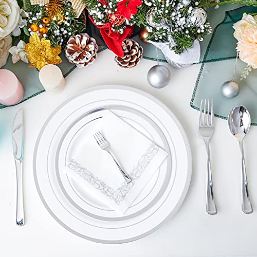 Jolly Chef 250 Count Disposable Silver Plastic Tableware Set - 50 Silver Plastic Plates 25 Plastic Silverware - 25 Cups And Straws - 50 Fancy Napkins, Wedding Or Party Of 25 #TOP1