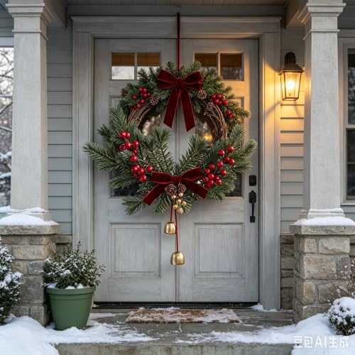 14 Inch Artificial Red Berries & Ribbons Christmas Wreath for Front Door (Red) - image 2