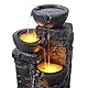 Teamson Home Garten Outdoor Brunnen 4-stufiger Kaskaden-Schalenbrunnen mit warmen LED-Lichtern, Einstellbarer Fluss, dunkelgraues Steinoptik-Finish