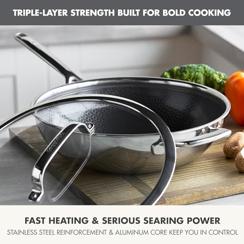 Image of GreenPan Spectra 12 inch Wok Pan with Lid, Hybrid Tri-Ply Stainless Steel, PFAS-Free Ceramic Nonstick Textured Cooking Surface, Induction Cookware, Diswasher Safe, Oven & Broiler Temp to 850˚F