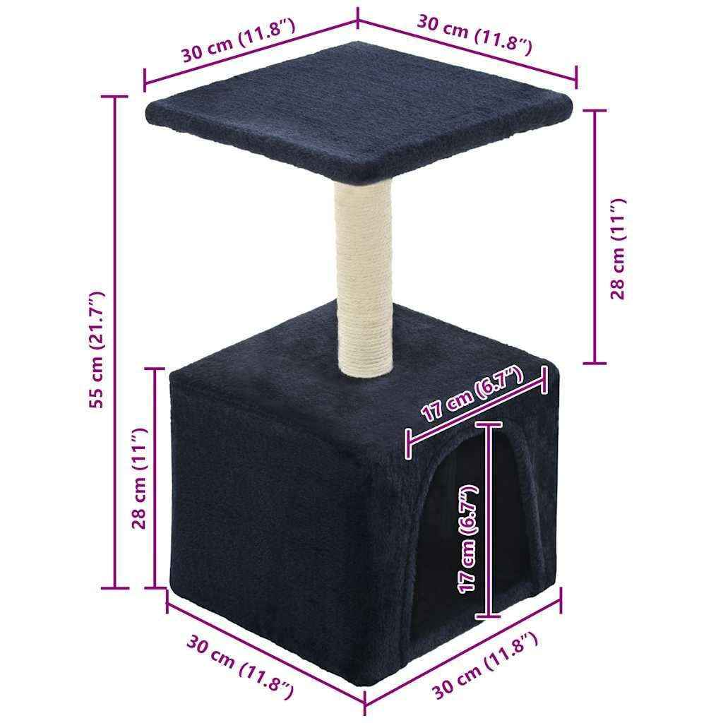 Tiragraffi per gatti, 55 cm, blu scuro, corda in sisal, colonna tiragraffi con grotta e piattaforma, albero da arrampicata per gatti da appartamento, mobili tiragraffi per graffiare e