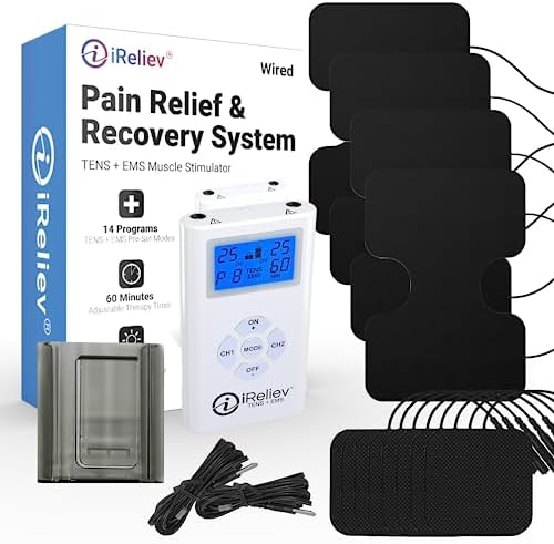 iReliev TENS + EMS Combination Unit Muscle Stimulator for Pain Relief, Arthritis, Muscle Strength - Treats Tired, Sore Muscles in Your Shoulders, Back, Ab's, Legs, Knee's, More