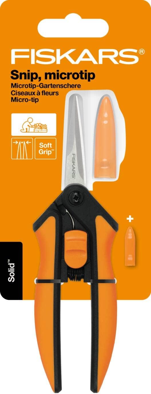 Fiskars Solid Snip Pruning Microtip SP13, Length: 21,5cm, Steel Blades/Plastic Handle, Black/Orange, 1051600