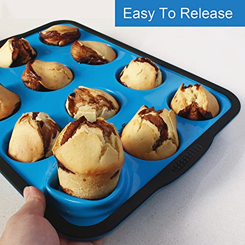 Non-Stick Silicone Muffin Pan With Reinforced Stainless Steel Frame Inside,12 Cup Regular Muffin Baking Mold, 12 Cup Muffin Tin, BPA Free,Dishwasher Safe,Aichoof-Blue - Thumbnail 5