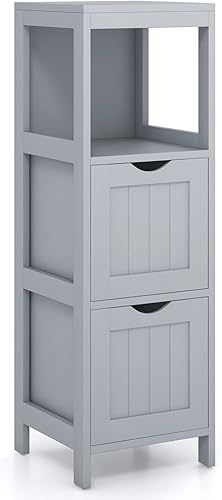 Tangkula Armario de piso de baño, armario de almacenamiento multifuncional con 2 cajones extraíbles y estante abierto, gabinete de almacenamiento en