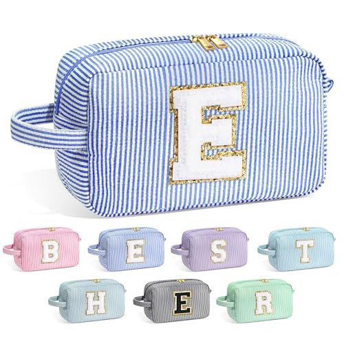 Image of YOOLIFE Birthday Gifts for 6 7 8 9 10 11 12 13 14 15 Year Old Teen Girl - Initial Makeup Bag Letter Toiletry Pouch Cosmetic Case, Personalized Teen Girl Gifts Trendy Stuff Party Favor, Blue E