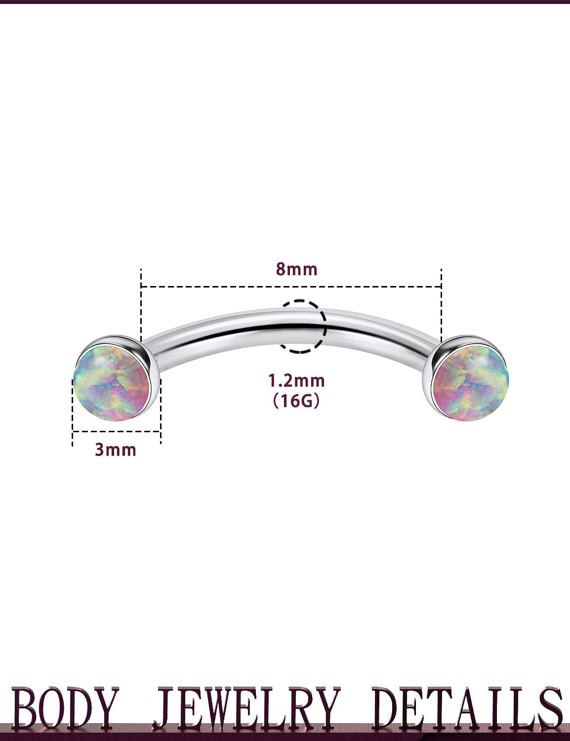 Jenxnjsjo F136 Titanium 16g 6/8/10mm Opal Eyebrow/Rook/Snug/Vertical-Labret/VCH/Snake-Eyes/Anti-Tragus/Christina/Daith/Belly-Button/Bridge/Hood/Surface Curved Barbell Piercing Jewelry for Women Men - Image 2