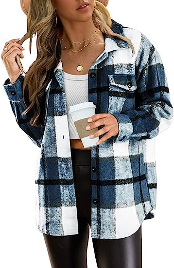 JWFORIDYWomen's Flannel Plaid Shacket Jacket Casual Plaid Button Down Long Sleeve Shirt Clothes Outfits 2024