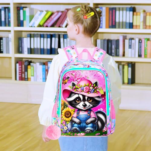 Image of AGSDON 3PCS Raccoon Backpacks for Girls, 16 inch Kids Reflective Elementary Backpack with Lunch Box, Water Resistant School Bags Set for Preschool Toddler